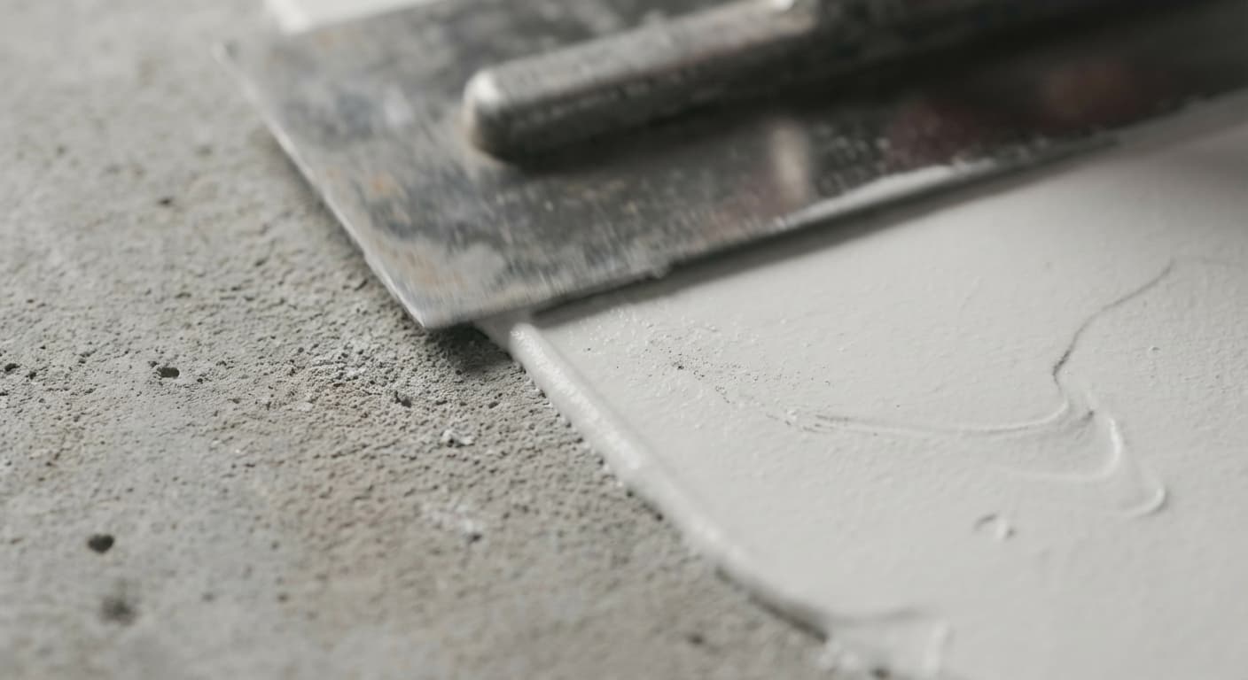 Détail macro du lissage du plâtre sur une surface de ciment rugueuse