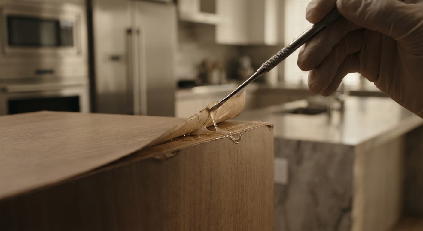 Gros plan sur la réparation minutieuse d'une façade de cuisine avec de la colle