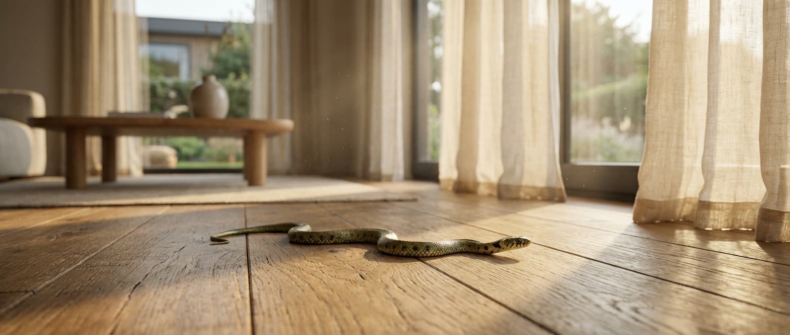 Un bébé couleuvre élégant traversant le sol d'un salon moderne baigné de lumière.