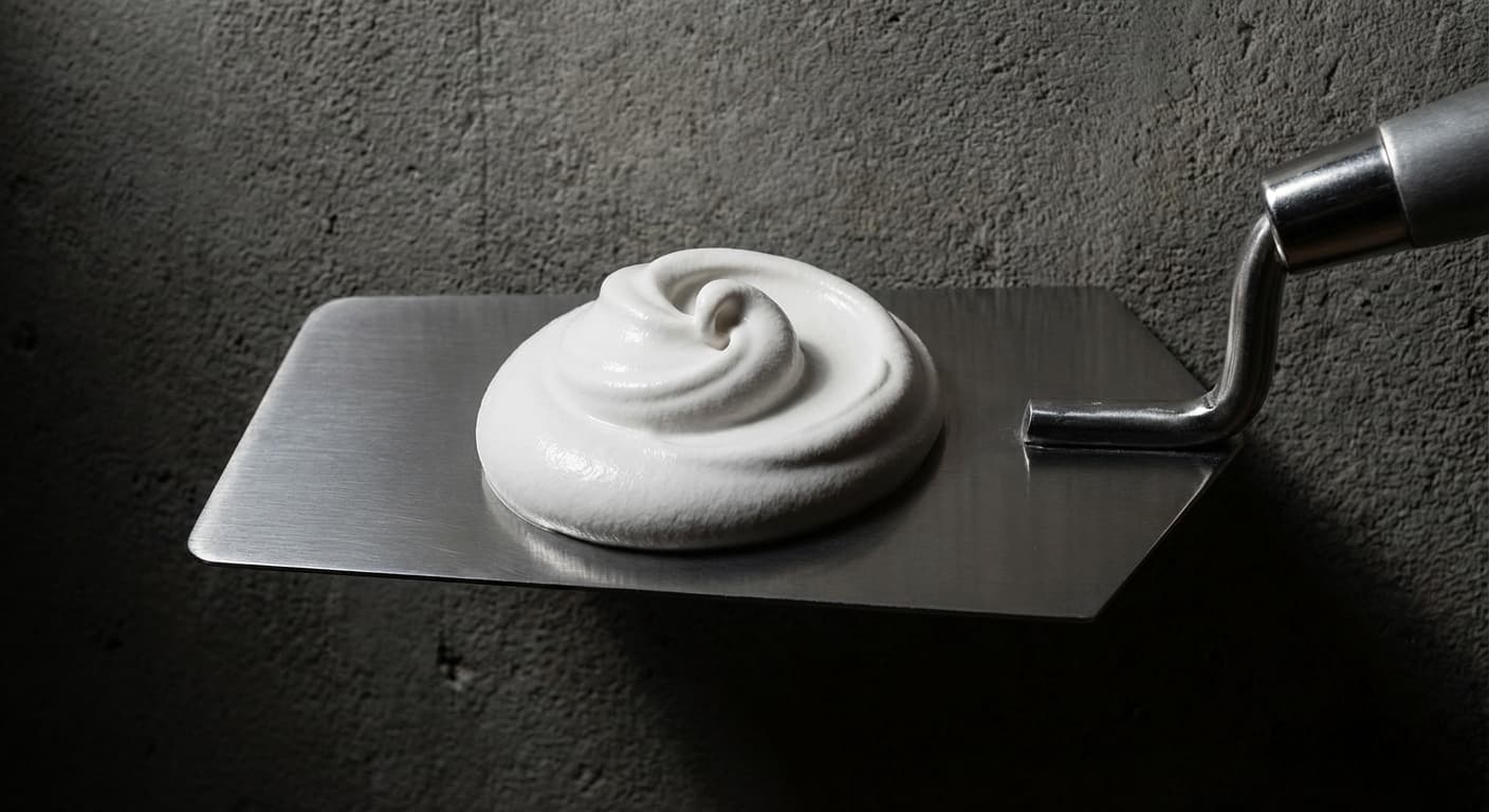 Truelle en acier chargée de plâtre sur fond de ciment gris