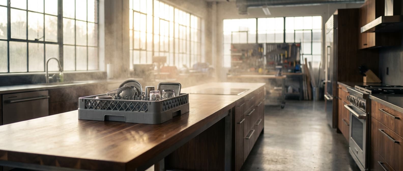 Vue cinématographique d'un panier de lave-vaisselle posé sur un établi dans une cuisine lumineuse