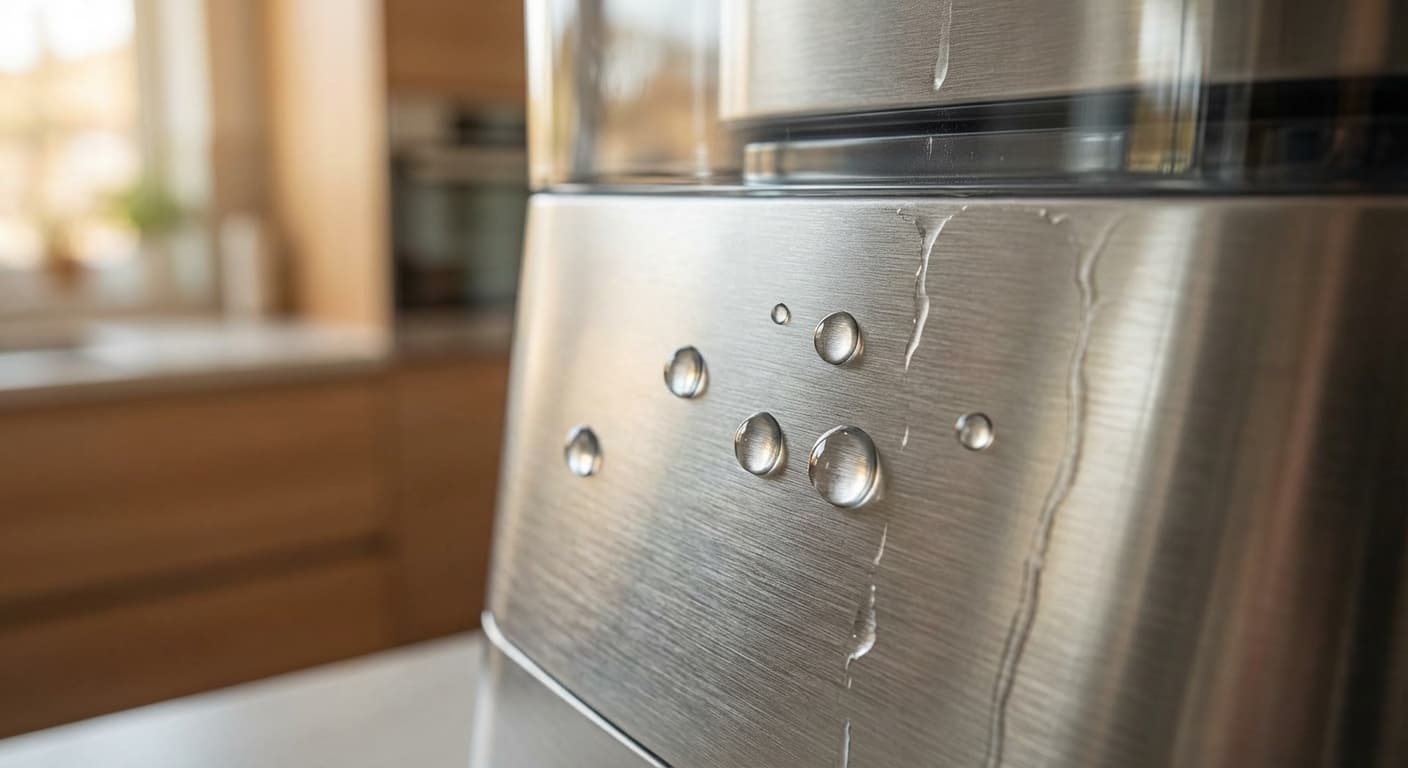 Gouttes d'eau purifiée sur la surface en métal brossé d'un adoucisseur bio