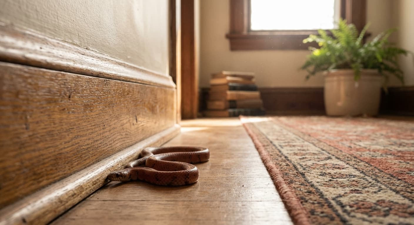 Petit serpent inoffensif se déplaçant le long d'une plinthe dans un couloir de maison.