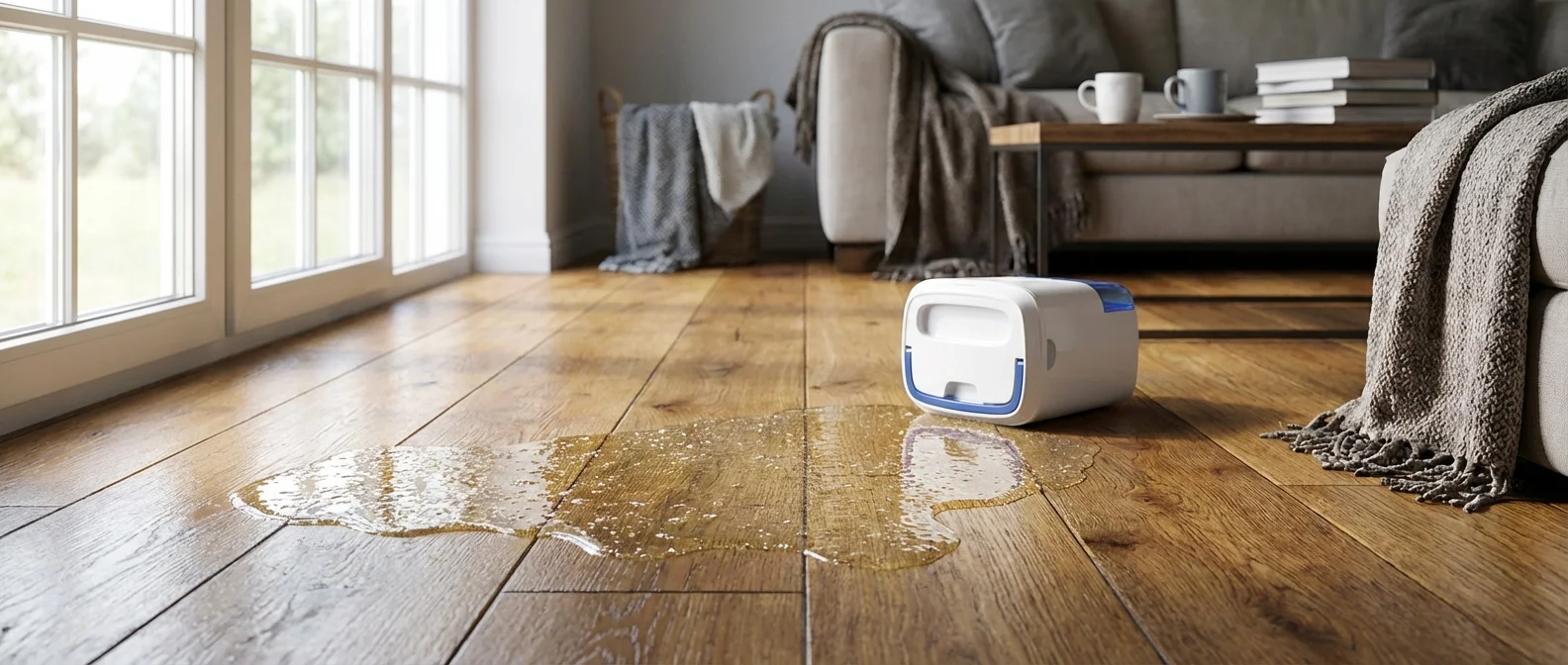 Liquide transparent d'un absorbeur d'humidité renversé sur un parquet en bois massif avec un éclairage matinal.