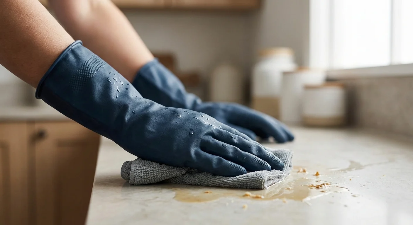 Mains gantées nettoyant délicatement une flaque de liquide corrosif avec un chiffon.