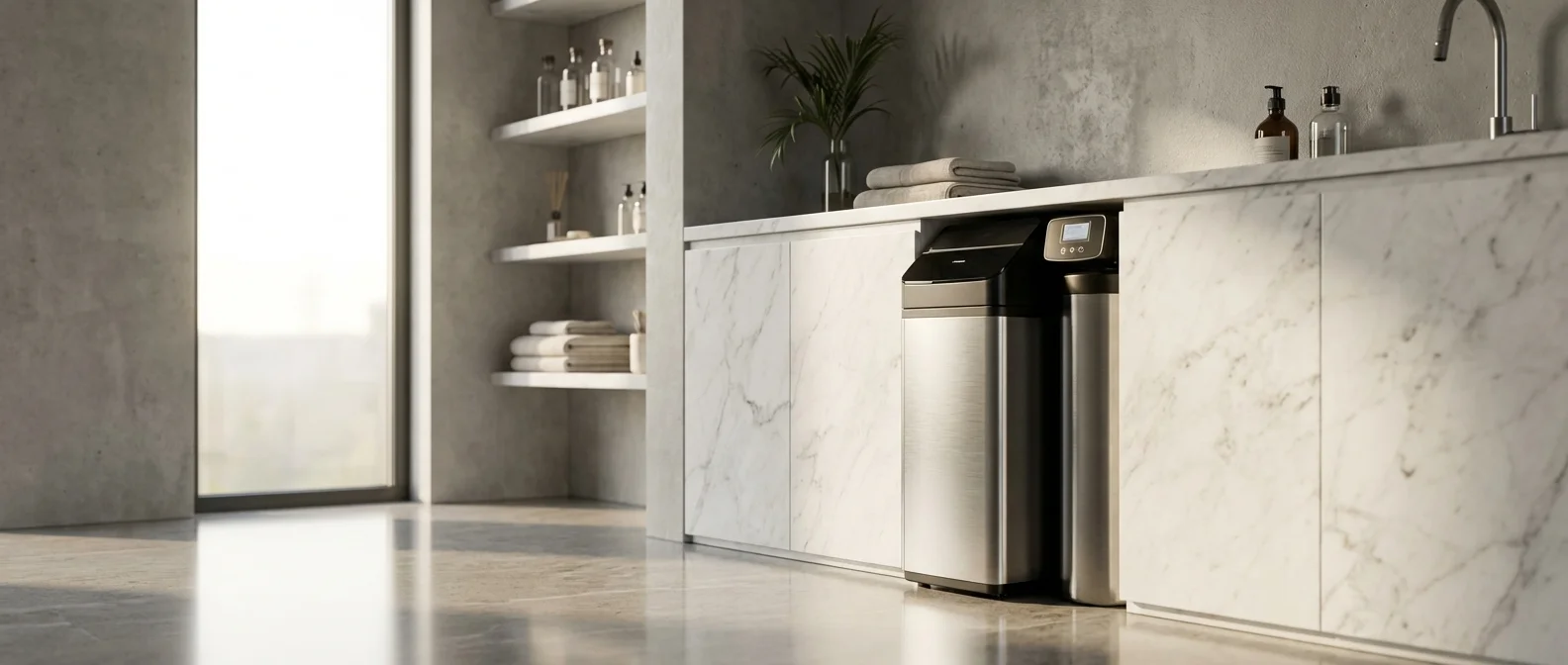 Adoucisseur d'eau prestige installé dans une buanderie de luxe moderne au design épuré