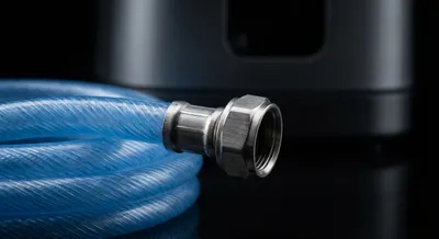 Gros plan sur un tuyau d'eau et son connecteur de frigo.