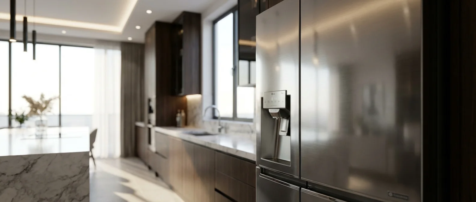 Réparation d'un réfrigérateur américain haut de gamme Un réfrigérateur américain moderne en acier inoxydable dans une cuisine de luxe.