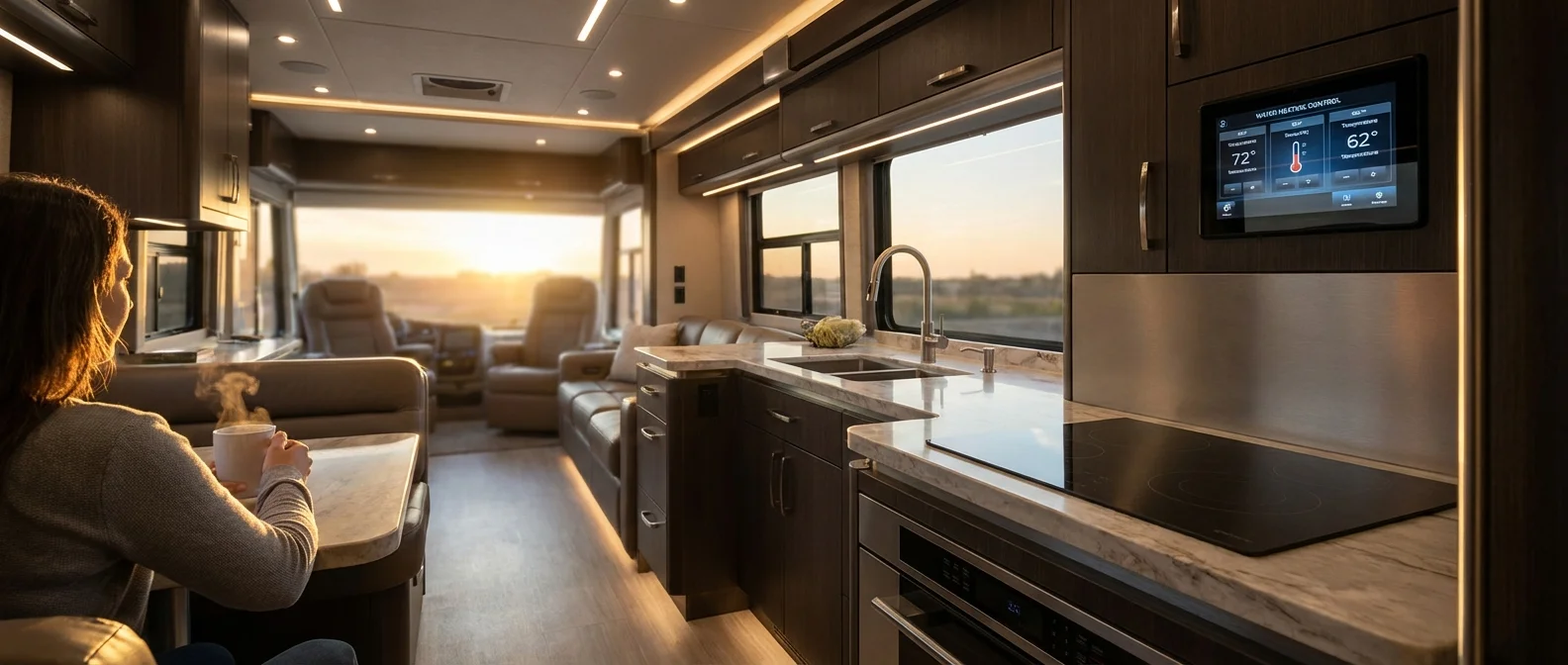 Panneau de commande Truma dans un intérieur haut de gamme Intérieur luxueux d'un camping-car avec un panneau de contrôle de chauffe-eau dans une ambiance chaleureuse