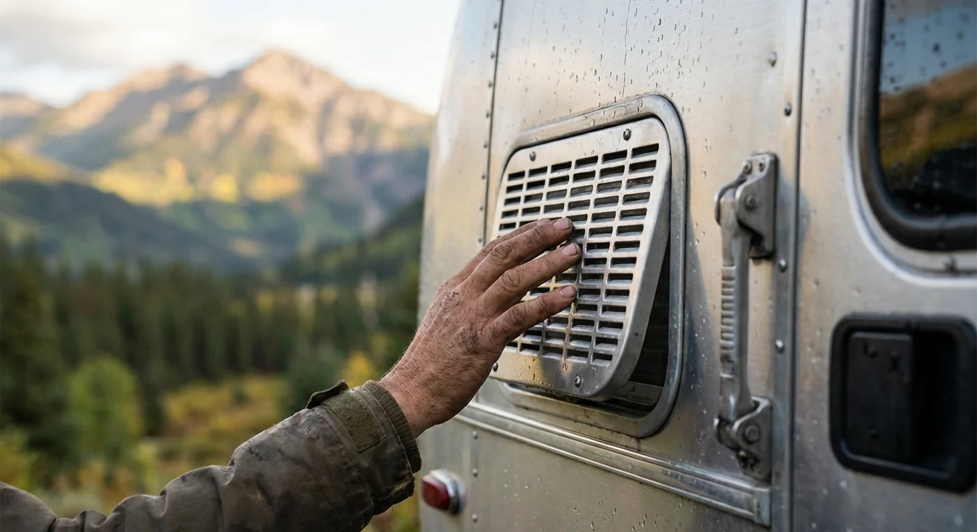 Vérification technique du chauffe-eau Truma en extérieur Main vérifiant la sortie extérieure du chauffe-eau Truma sur un camping-car en montagne