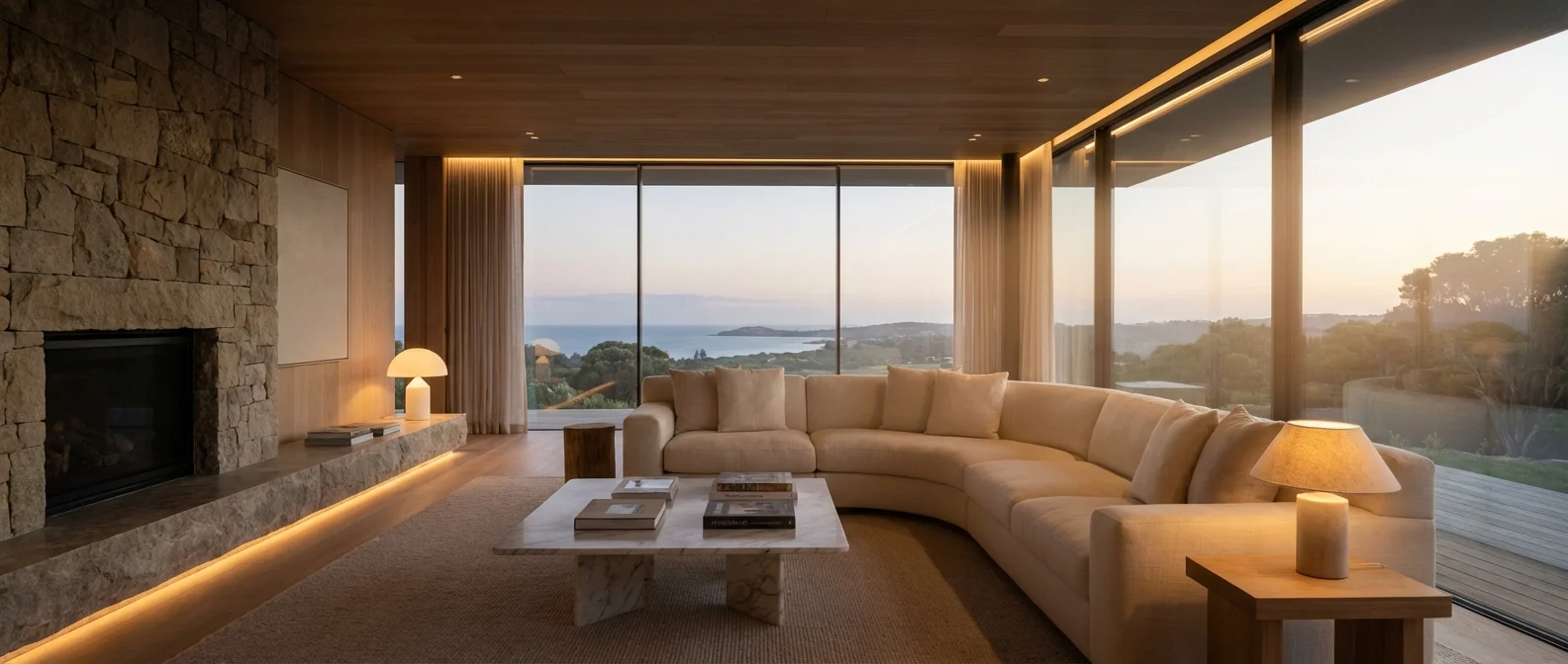 Salon moderne luxueux avec un éclairage d'ambiance tamisé et chaleureux