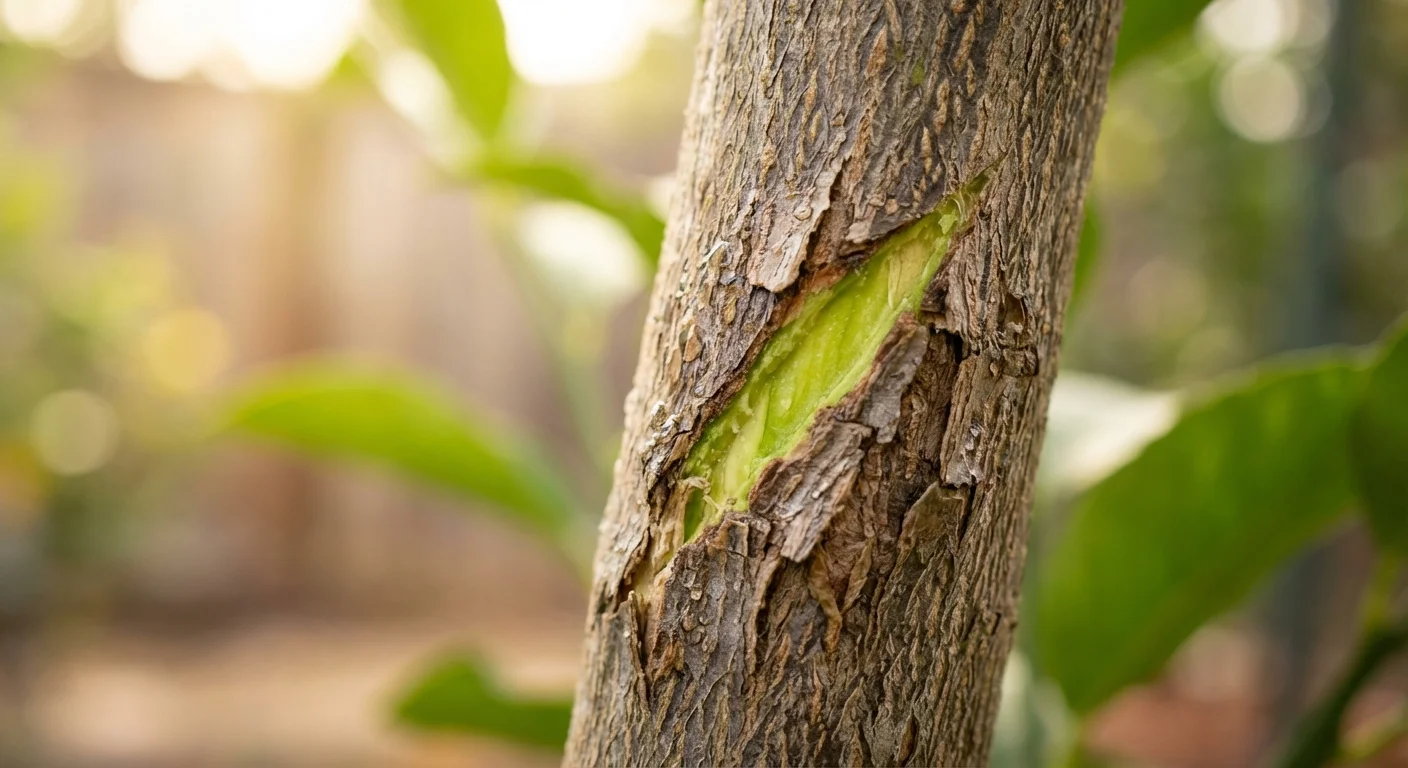 Détail du test de l'écorce révélant la couche verte vivante à l'intérieur du tronc