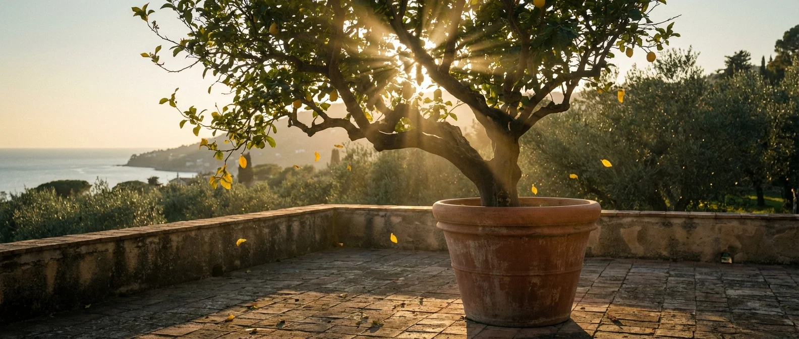 Un citronnier en pot sur une terrasse méditerranéenne baignée par la lumière du soleil couchant