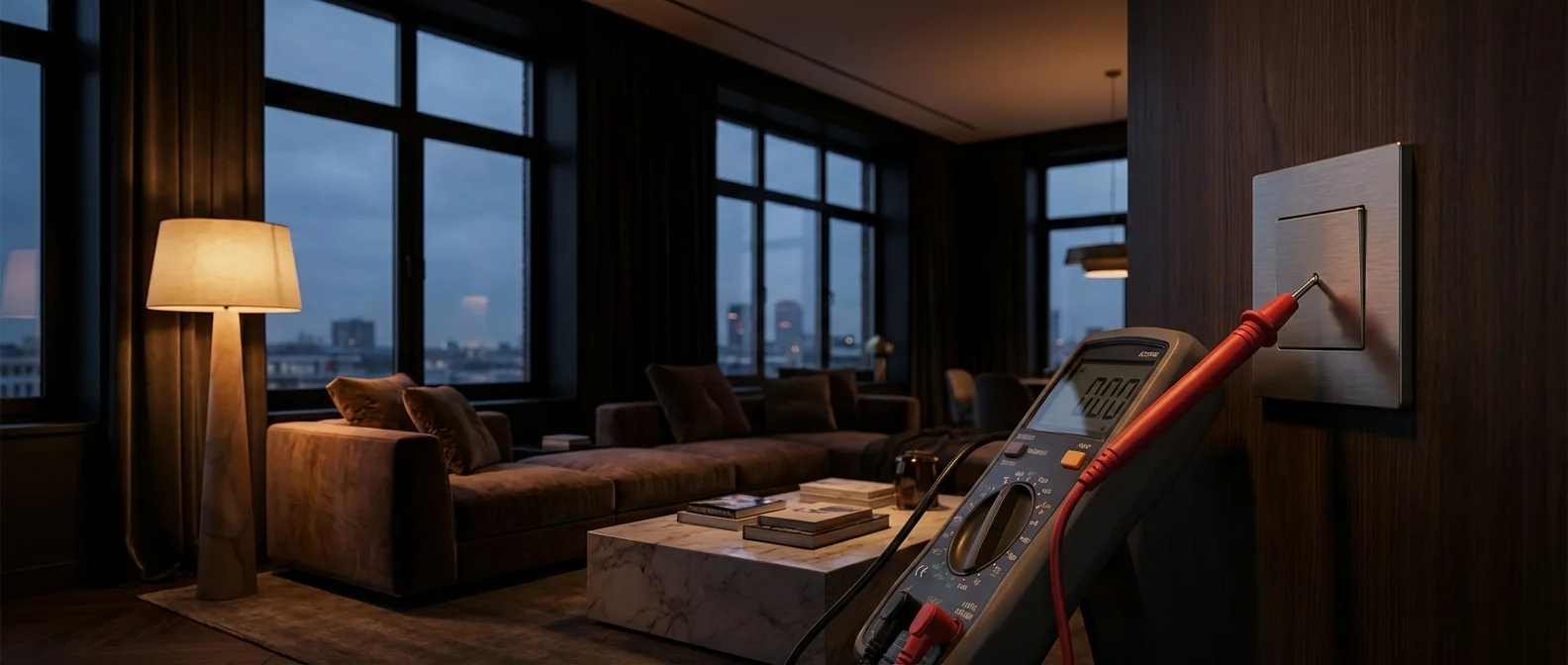 Un multimètre professionnel testant une prise de courant dans un salon luxueux au crépuscule pour mesurer la tension.
