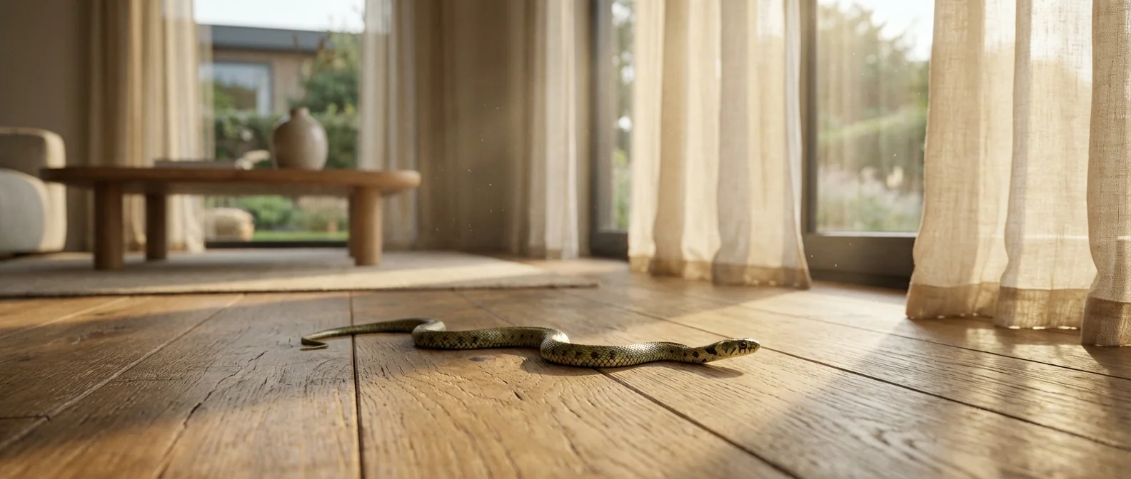 Un bébé couleuvre élégant traversant le sol d'un salon moderne baigné de lumière.