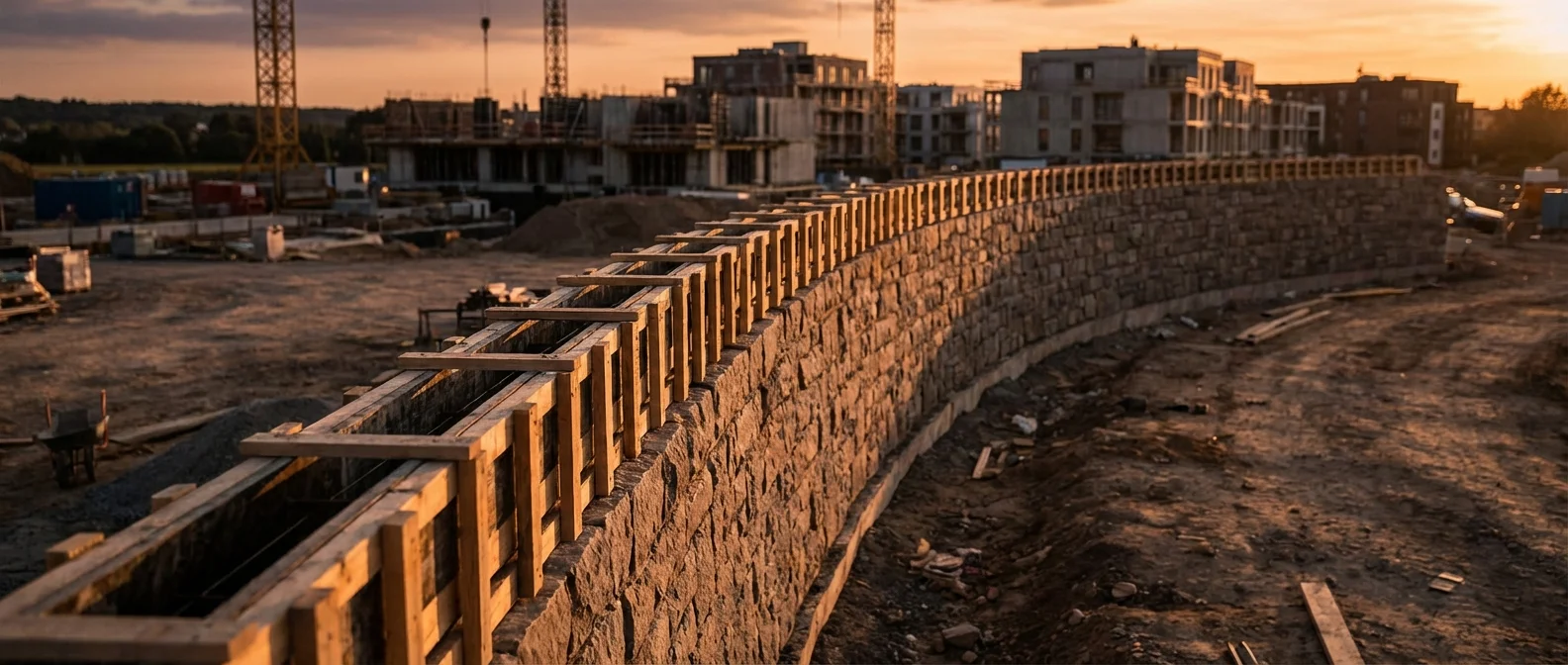 Direction artistique d'un coffrage pour couvertine Coffrage en bois pour couvertine sur un mur de clôture moderne au coucher du soleil