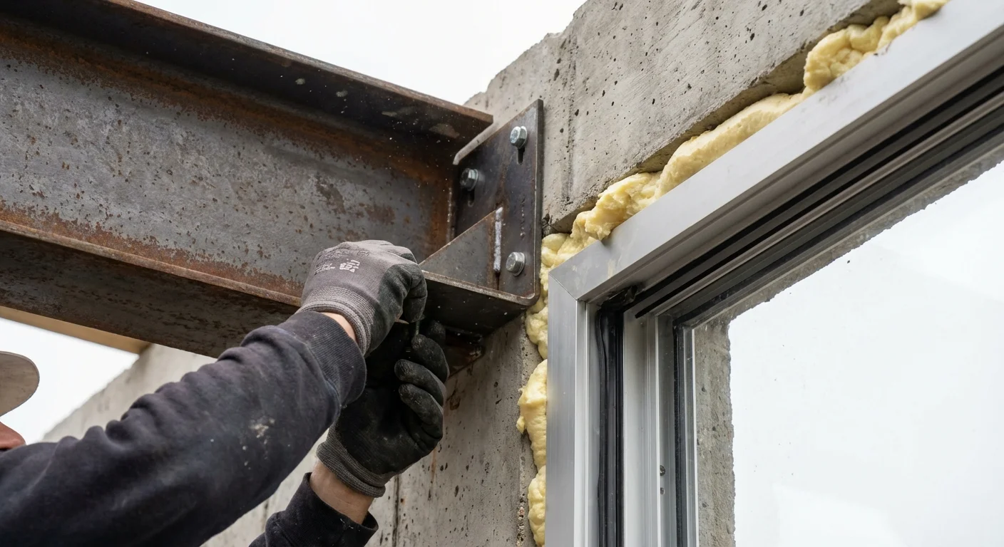 Processus de changement d'un encadrement de fenêtre Détail technique de l'installation d'un nouvel encadrement de fenêtre sur structure métallique