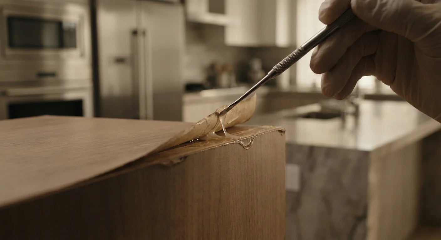 Gros plan sur la réparation minutieuse d'une façade de cuisine avec de la colle
