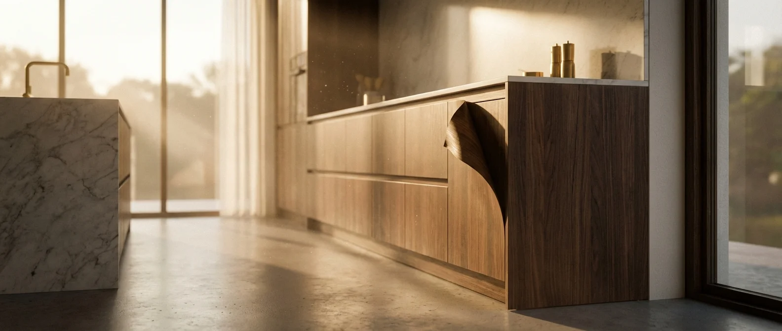 Vue cinématographique d'une cuisine de luxe avec une façade de placard qui se décolle sous une lumière dorée