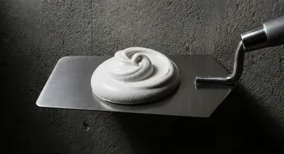 Truelle en acier chargée de plâtre sur fond de ciment gris