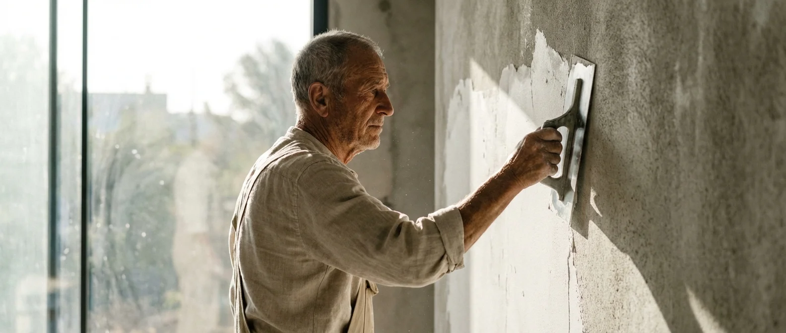 Un artisan appliquant du plâtre blanc sur un mur de ciment brut dans un intérieur moderne et lumineux